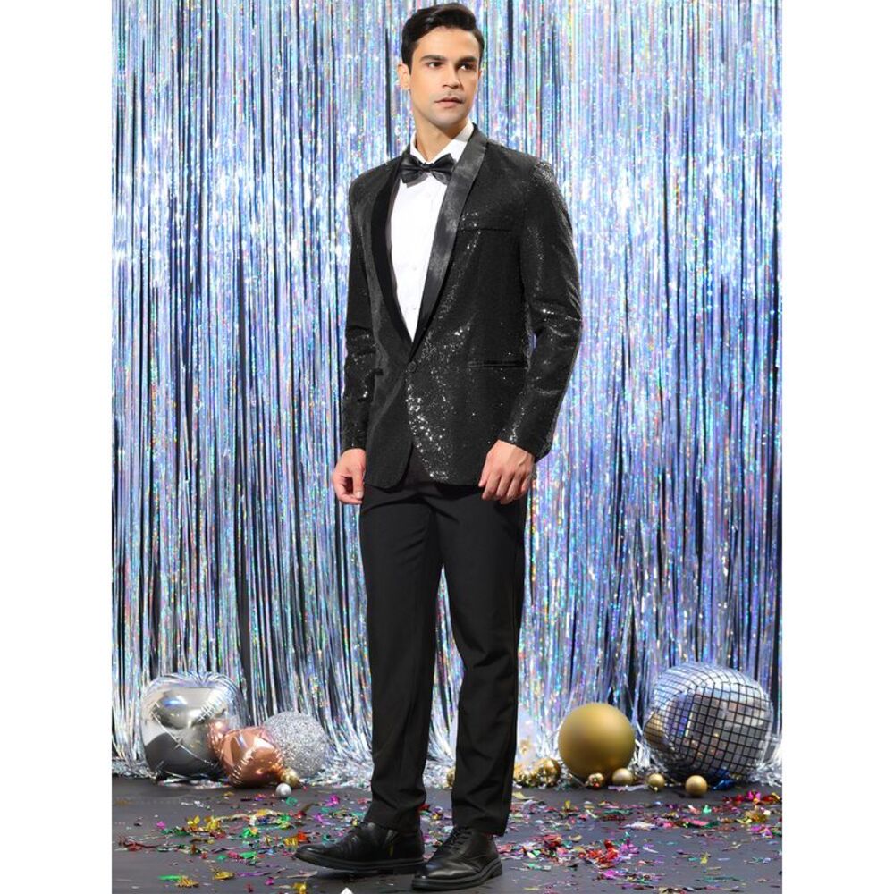 Sequin Sport Coats Shawl Lapel One Button Wedding Shiny Blazer Black - Picture 4 of 6
